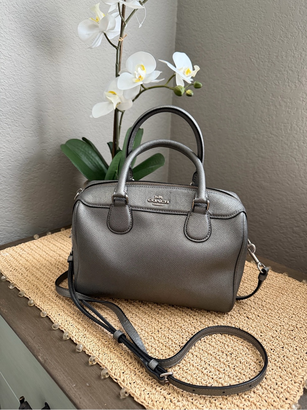 Coach Metallic Gray Pebbled Leather Satchel w/silver hardware